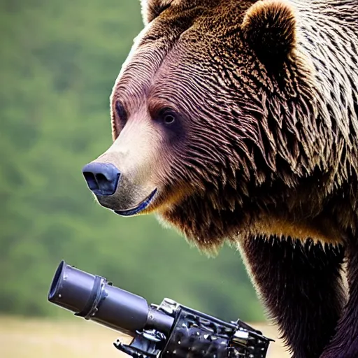 Image similar to grizzly bear holding a mounted minigun