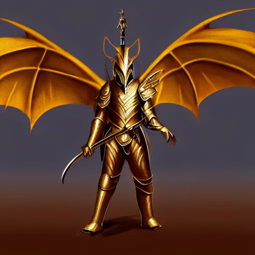 Prompt: an anthro winged dragon in a golden medieval armor, holding a sword, digital art, fantasy art, matte painting, trending on Artstation