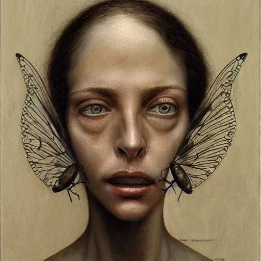 Prompt: a hyperrealistic painting of a beautiful woman with the head of a fly, by santiago caruso, highly detailed,