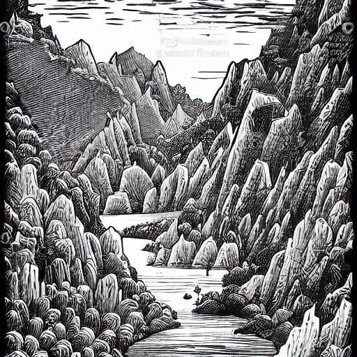 Prompt: impressive fantasy landscape, beautiful line art, pure b & w, etching illustration, square sticker vector art