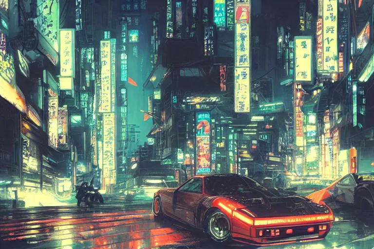 Image similar to akira cyberpunk autozam az - 1 drifting through tokyo at night by greg rutkowski makoto shinkai takashi takeuchi studio ghibli, akihiko yoshida