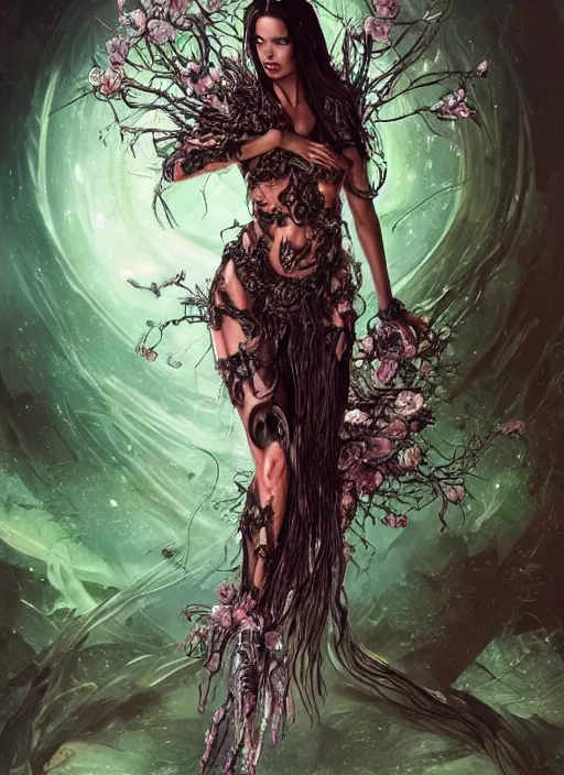 Prompt: portrait of Adriana Lima as a everreaching Goddess of despair, a futuristic diety, inside future fighter, sci-fi, fantasy, intricate, lush garden spaceship with sakura season flowers, elegant, human anatomy, royal green and nature light, highly detailed, digital painting, artstation, concept art, smooth, sharp focus, illustration, art by tian zi and WLOP and alphonse mucha, masterpiece, 3d blender