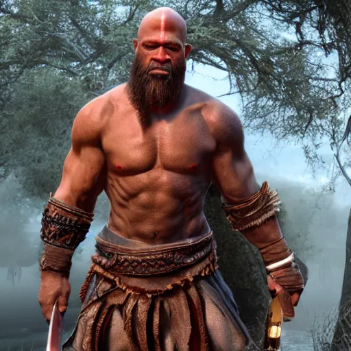 Image similar to Djimon Hounsou as kratos!!, 8k, cinematic, unreal engine