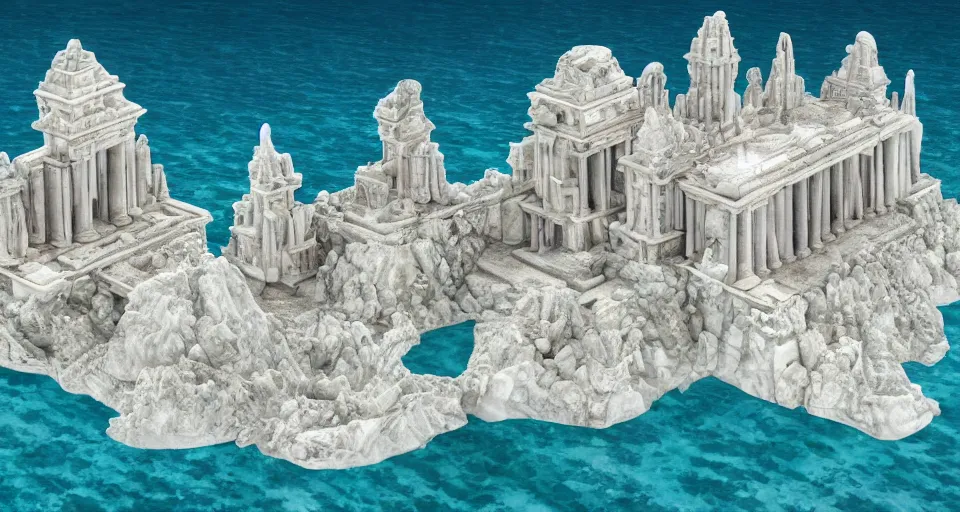 Image similar to a magnificent underwater side view of the lost city of Atlantis, white marble, fully built buildings, temples, hyper detailed, 4K