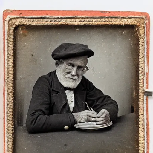 Image similar to a daguerreotypist of a old guy having a lunch