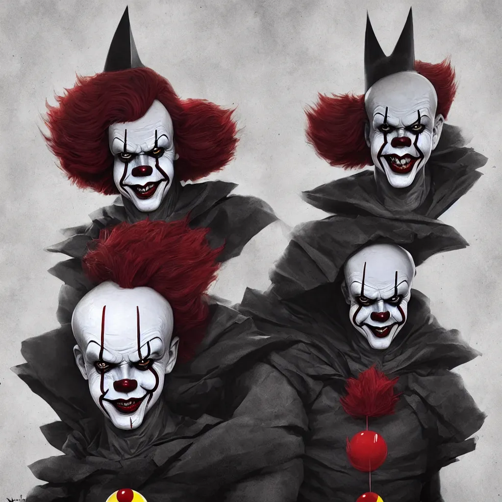 Image similar to symmetry of pennywise mixed with batman from neil gaiman, rpg reference, art by greg rutkowski, artgerm, trending on artstation, octane render, insanely detailed, 8 k, hd