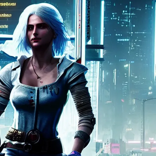 Prompt: screenshot of ciri in cyberpunk 2077