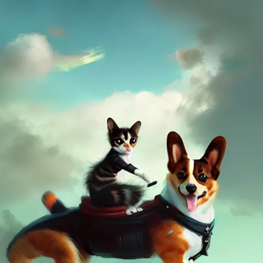 Image similar to tiny cat girl riding on the back of a giant corgi by greg rutkowski