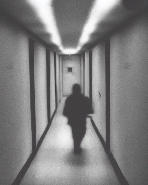 Prompt: an amateur disposable camera picture of a ghost in a hallway