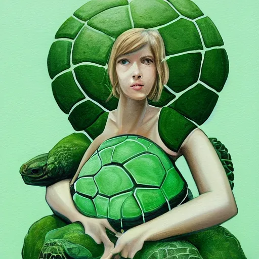 Image similar to painting of a woman sitting in front of a giant turtle in contemplation. green muted colour scheme. trending on artstation. detailed.