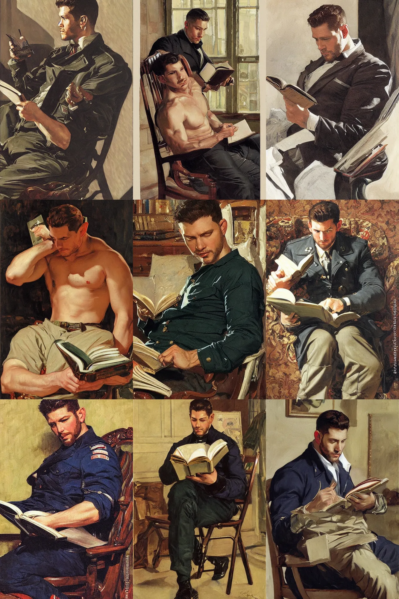 Prompt: chris redfield reading a book, painting by j. c. leyendecker