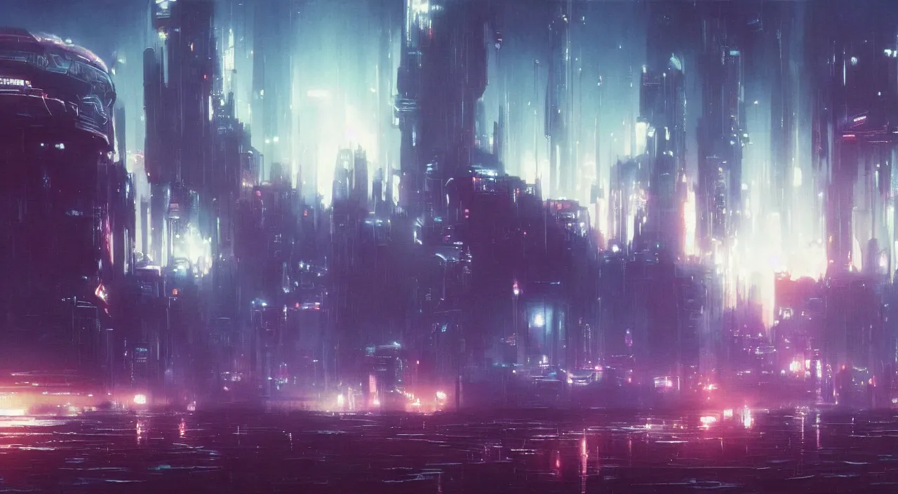 Prompt: A beautiful painting of a cyberpunk city on the sea of an alien planet with stars shining in the sky,,80s sci-fi,4k,by John Harris