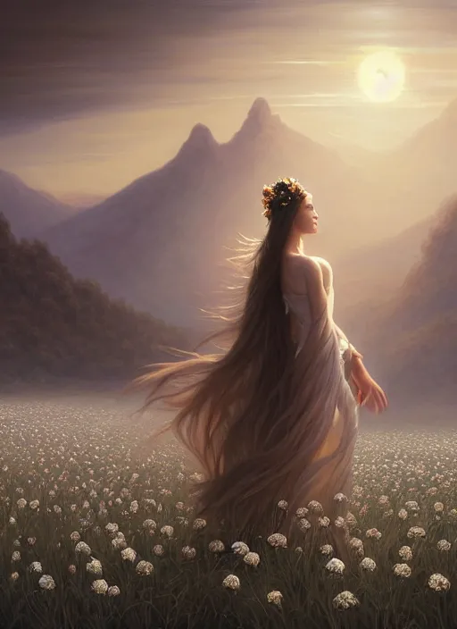 Prompt: oil painting portrait of a young woman with long dark flowing hair in a dress made of white flowers, dancing levitating floating over a field of flowers at sunset with mountains in the background, hazy, digital art, chiaroscuro, artstation, cinematic, golden hour, digital art painting by greg rutkowski, bouguereau, japanese scifi, hazy atmosphere, flowers, cinematic lighting