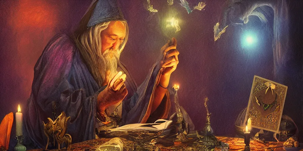 Image similar to wizard performing a tarot reading, cards, fantasy, digital art, soft lighting, 8 k