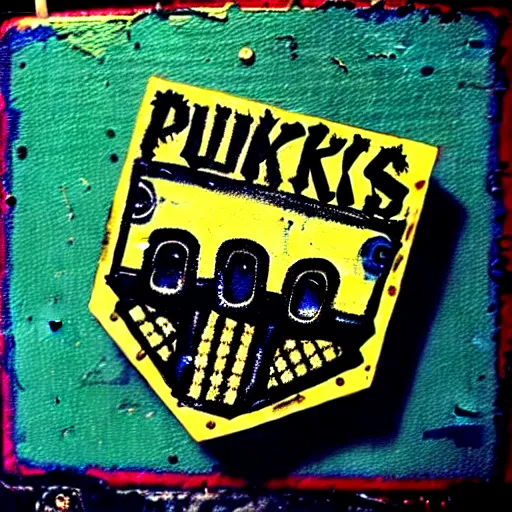 Prompt: painting on a badge!!!!, punks not dead!!!!, exploited!!, clash, junk yard, rats!!, god save the queen!!!, punk rock album cover art style, grunge, no future!!!!, glitch effect