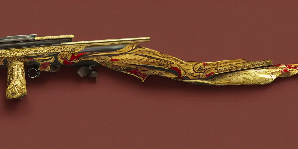 Image similar to a shotgun made from glossy red - painted wood and elements of gold metalwork