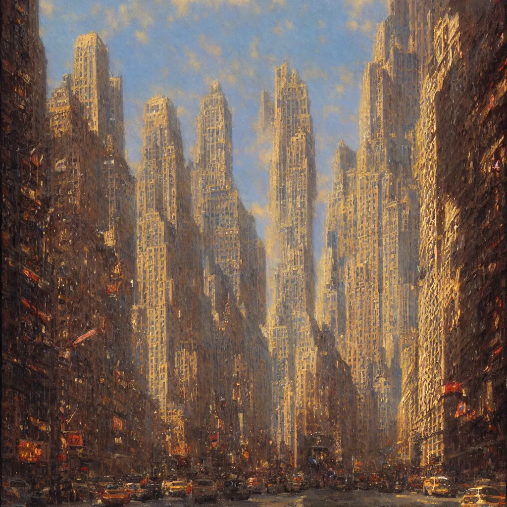 Image similar to detailed cinematic low angle shot of new york chrysller building, spring light, painting by gaston bussiere, craig mullins, j. c. leyendecker