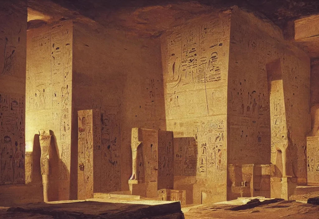 Prompt: egyptian tomb of pharaoh the great. by jmw turner, caspar david friedrich, jean pierre ugarte, albert bierstadt, karl heilmayer, roger dean, robert adams,