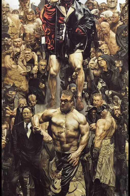 Image similar to full length portrait of mariusz pudzianowski as a huge hulking marvel gangster wearing a leather trench coat walking beside gangsters on street pre war new york, by lawrence alma tadema and zdzislaw beksinski and norman rockwell and jack kirby and tom lovell and greg staples and michael alford