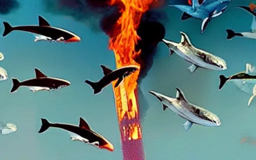 Image similar to photo of a fire spout with sharks in it, sharknado,