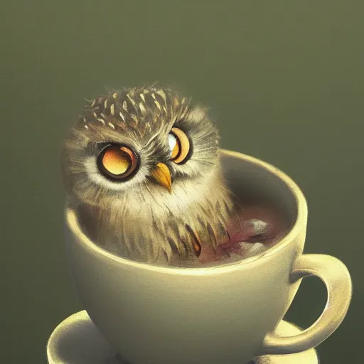 Image similar to long shot of a very cute young owl sleeping in a tea cup, by esao andrews, by james jean, marc simonetti, humorous illustration, hyperrealistic, big depth of field, fresh colors, dim light, 3 d octane render conceptart, 4 k, hyperdetailed, trending on artstation