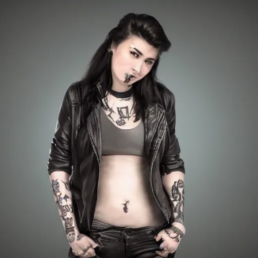 Prompt: Hot young woman with grey skin, tattoos, wearing a leather jacket, opening her armsa and asking for a hug concept art