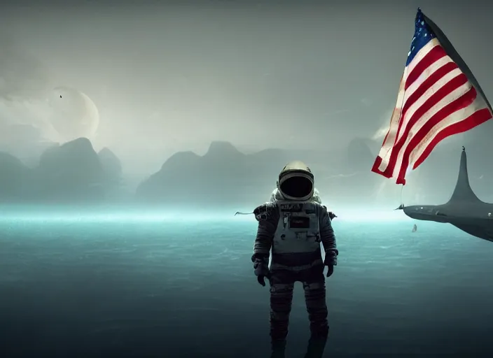 Image similar to astronaut holding a flag in an underwater desert. a submarine is visible in the distance. dark, concept art, cinematic, dramatic, atmospheric, 8 k, trending on artstation, blue, fish, low visibility, fog, ocean floor, christopher nolan, interstellar