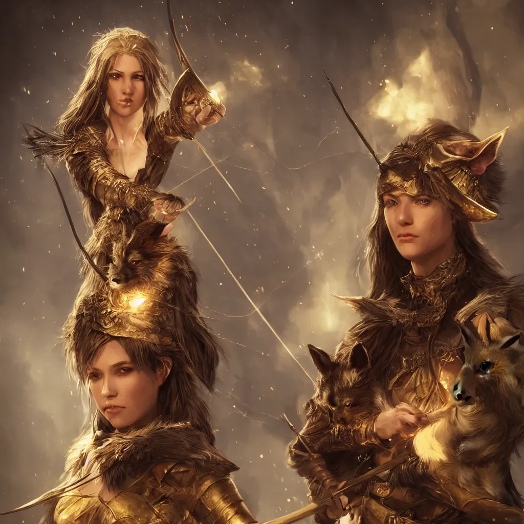 Image similar to cinematic bust portrait of one Photorealistic single powerful angry female D&D elf ranger holding a longbow, with a pet wolf. Magical occult photorealism, UHD, amazing depth, glowing, golden ratio, 3D octane cycle unreal engine 5, volumetric lighting, cinematic lighting, cgstation artstation concept art
