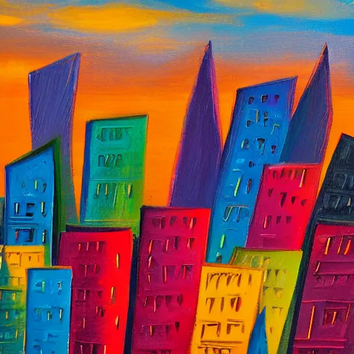 Prompt: sharp edged painting of a city skyline with colorful buildings and a dark night sky in the background