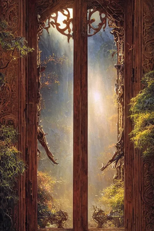 Image similar to large rustic intricately decorated wooden double door, metal handles, a view to a fantasy world, ethereal back light, mist, coherent composition, fantasy painting by noriyoshi ohrai, yuumei