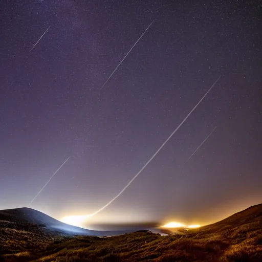 Image similar to perseid meteor shower, great space, glowy, astrophotographie, 8 k, high resolution, epic composition