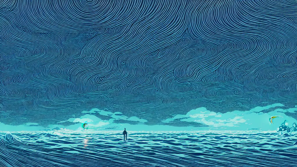 Image similar to highly detailed illustration of high exposure ocean waves at night by makoto shinkai, by nico delort, by dan mumford, by otomo, by kilian eng, by moebius, kodachrome, 4 k resolution