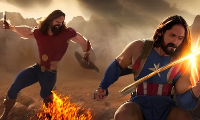 Image similar to jesus christ fighting alongside the avengers, using his cross as weapon, photorealistic, cinematic lighting, extremely detailed, marvel cinematic universe