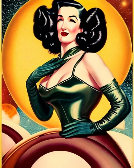 Image similar to retro space dita von teese varga girl posing on a space ship in dieselpunk city, windblown dark hair, retro pinup model, seductive, 1 9 4 0, hyper detailed, digital art, smooth, sharp focus, anna dittmann, gil elvgren, alberto vargas.