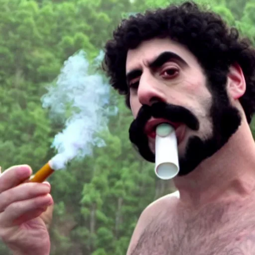 Image similar to Sacha Baron Cohen as borat smoking a giant rolled cannabis cigarette, smoke, 8k, hyper-detailed, cinematic