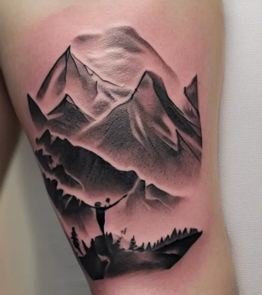 Image similar to creative double exposure effect tattoo design sketch of margot and beautiful mountains and nature, margot robbie, mountain scenery, realism tattoo, in the style of matteo pasqualin, amazing detail, sharp