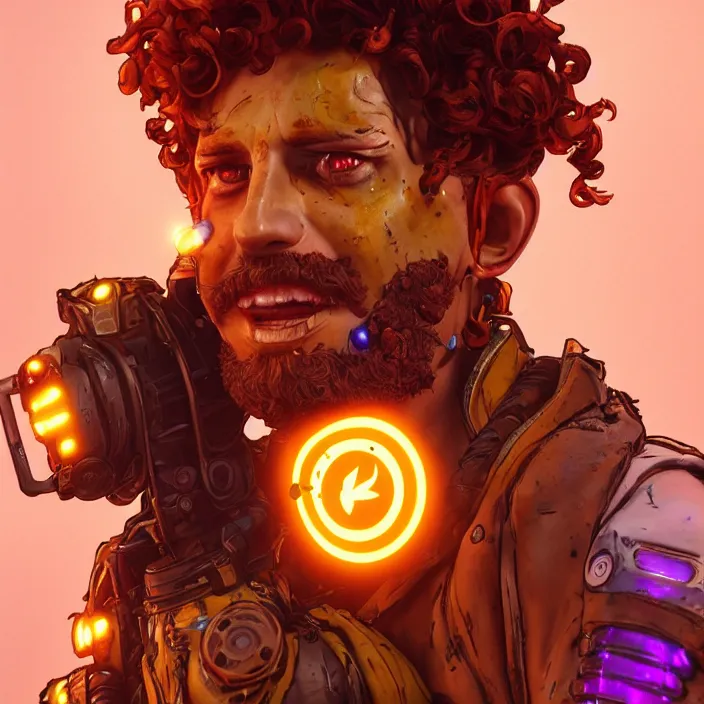 Image similar to glowwave portrait of curly orange hair man from borderlands 3, au naturel, hyper detailed, digital art, trending in artstation, cinematic lighting, studio quality, smooth render, unreal engine 5 rendered, octane rendered, art style by klimt and nixeu and ian sprigger and wlop and krenz cushart.