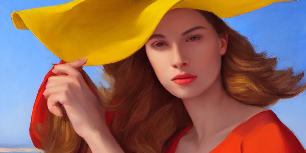 Image similar to beautiful oil matte portrait painting, young woman with red dress and mustard yellow summer hat at a beach on a sunny day, wonderful masterpiece highly detailed, beautiful cinematic light deep focus, elegant, digital painting, smooth, sharp focus, golden ratio, dramatic illumination, ultra realistic, 8 k, art by jimmy law and caravaggio