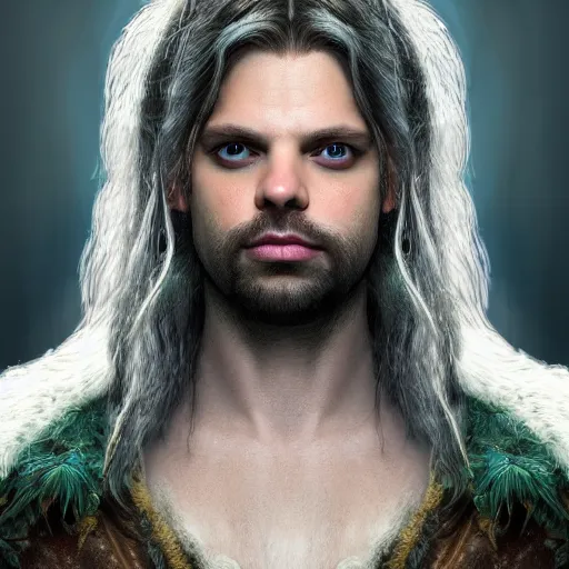 Prompt: a digital art close up portrait of pale sebastian stan as ancient druid mage from warhammer, old nature mage with long beard character sheet, 4 k, ultra detail, volumetric lighting, unreal engine, octane render