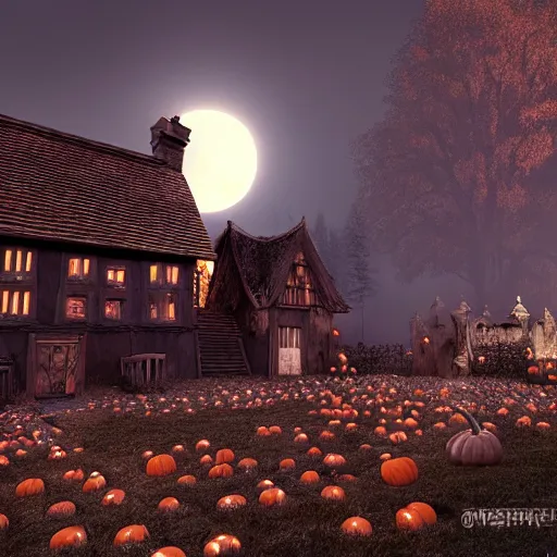 Prompt: a highly detailed old english tudor cottage in a scary pumpkin patch and graveyard at night with a large moon, volumetric haze, fall colors, night, dead tree forest, pumpkins, moon, photorealistic, insanely detailed and intricate, epic scene, volumetric haze, hyper realistic, elegant, ornate, elite, horror, creepy, ominous, haunting, cinematic lighting, unreal engine, symmetrical, cinematic centered camera, high detail