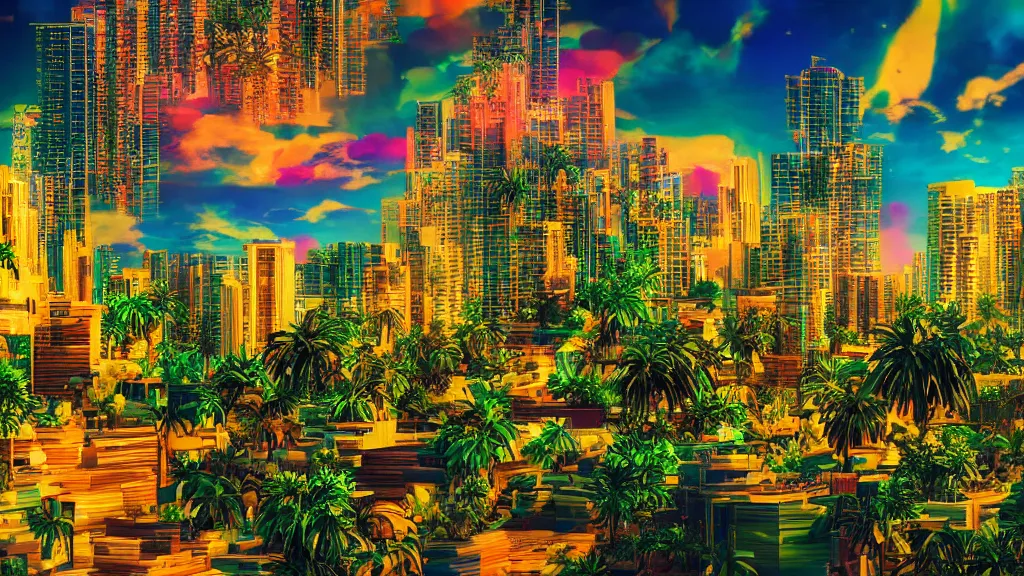 Image similar to golden city in a vaporwave jungle, 4k, ultra realistic, colorful, award winning photograph