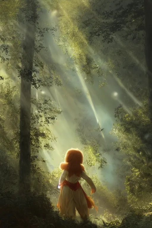 Image similar to mean fluffy teddybear protecting girl in a forest with rays of light coming through the canopy, masterpiece, dystopian, sci-fi, extremely detailed, digital painting, sculpted in zbrush, artstation, concept art, smooth, sharp focus, illustration, chiaroscuro lighting, golden ratio, incredible art, artgerm, greg rutkowski, alphonse mucha, simon stalenhag, carravaggio