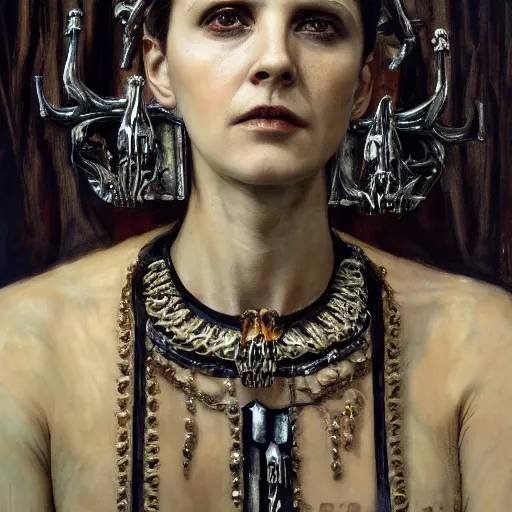 Image similar to queen of bones, sitting on a throne, detailed face, with a crown of skulls, skull earings ( blade runner, cyberpunk ) portrait by john william waterhouse and james gurney and theodore ralli and nasreddine dinet, oil on canvas. cinematic, hyper realism, realistic proportions, dramatic lighting, high detail 4 k