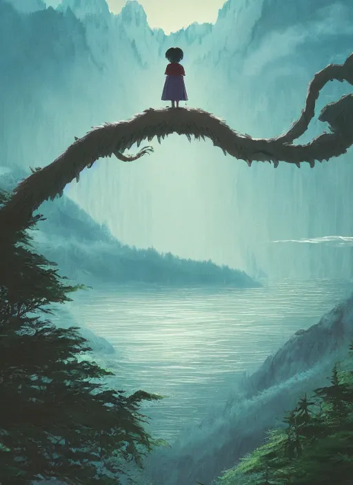 Image similar to the flim poster of a magical place around mountains and river, white spirit flying around the sky, miyazaki's animated film, ghibli studio, princess mononoke, 4 k, highly detailed, horizon view, cinematic composition, hyperdetailed,