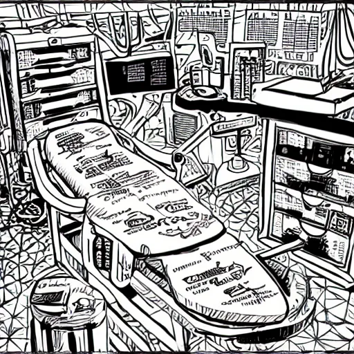 Image similar to surgery operating table, in the style of daniel johnston and outsider art, 8 k, line brush, overlaid with chinese adverts