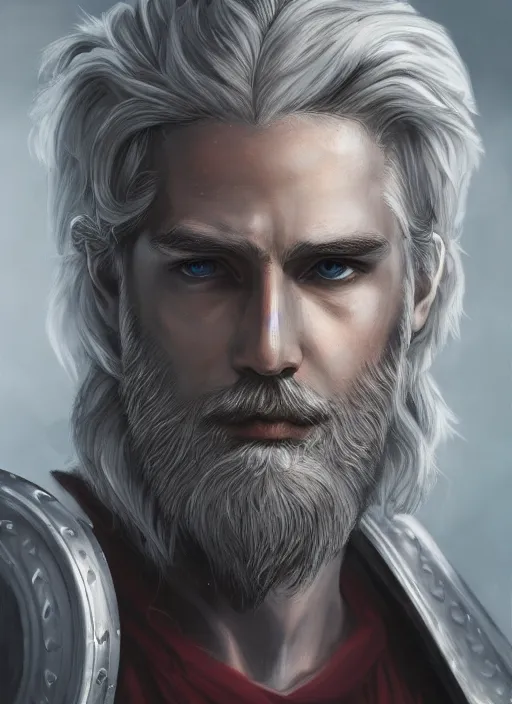 Prompt: an epic fantastic realism comic book style portrait painting of an aasimar paladin, male, shaggy silver hair, short brown beard, intense face, d & d concept art, unreal 5, daz, petrol aesthetic, octane render, cosplay, rpg portrait, dynamic lighting