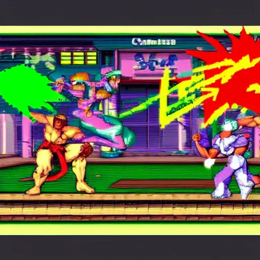 Image similar to street fighter super nintendo fight between kermit and captain planet marketplace background