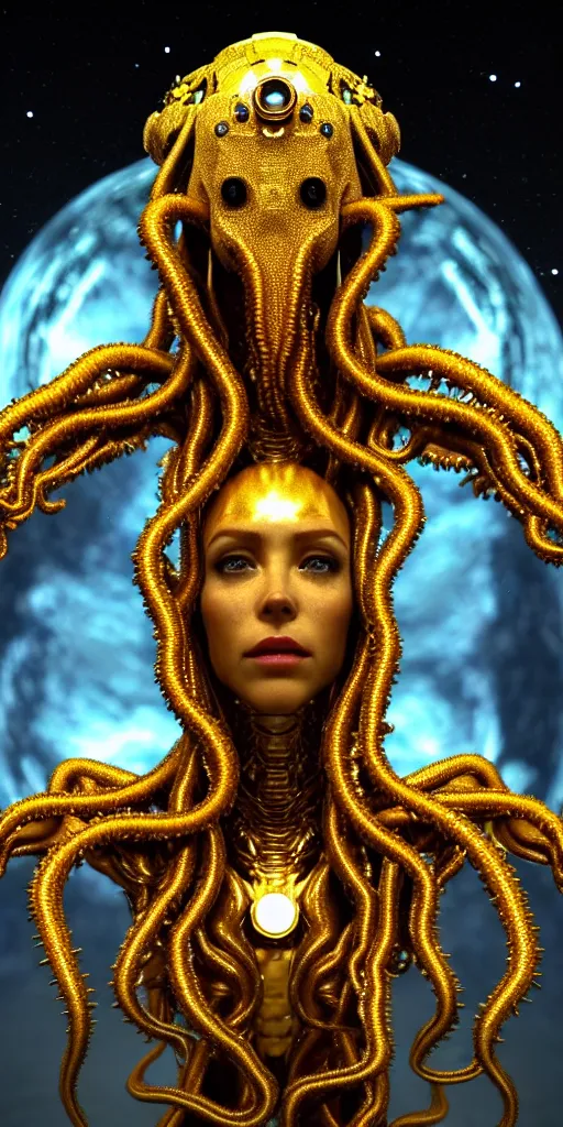 Image similar to a portait of a 8k ultra realistic corrupted lovecraftian golden humanoid queen standing next to a spaceship window overlooking earth, 8 intricate white and gold tentacles, ornate white and gold armour, cinematic lighting, trending on artstation, 4k, hyperrealistic, focused, extreme details, unreal engine 5, cinematic, masterpiece