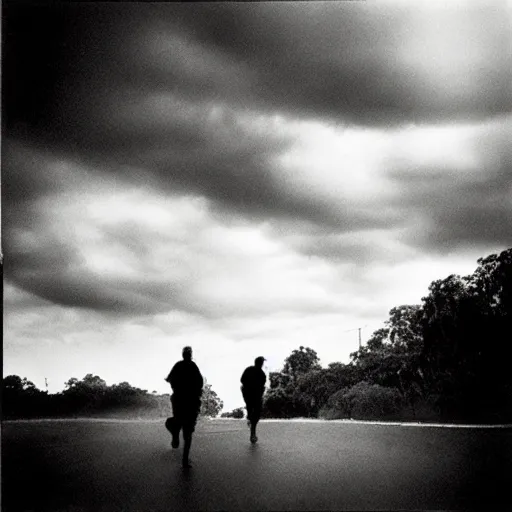 Prompt: Running man and the clouds by Trent Parke, clean, detailed, Magnum photos