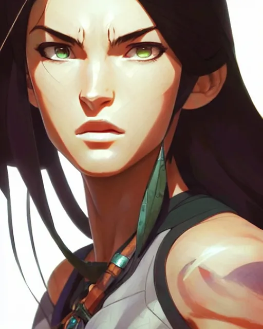 Image similar to azctec warrior, megan fox, gemstone forehead, detailed perfect face, exquisite details, fire magic, mid view, design on a white background, by studio muti, greg rutkowski makoto shinkai takashi takeuchi studio ghibli